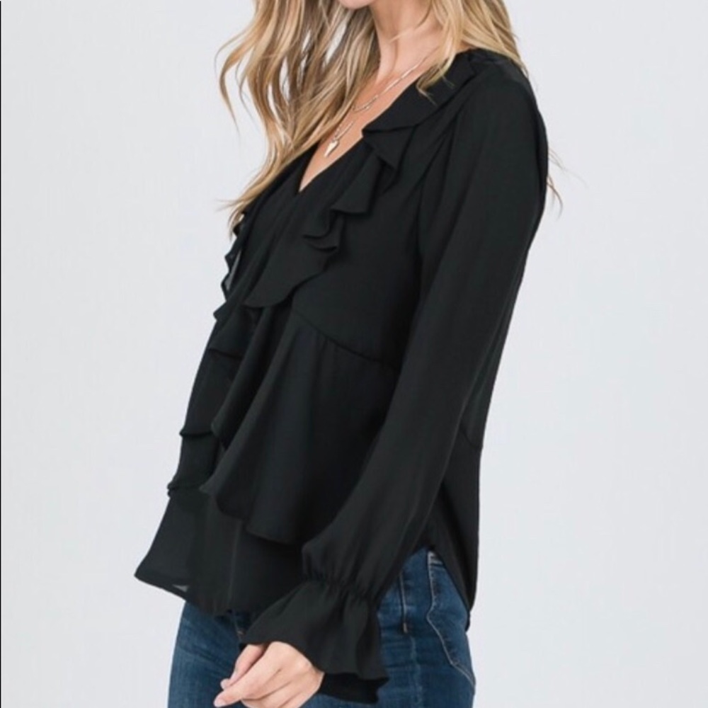 VINTAGE LOOKING  BLACK WATERFALL RUFFLE BLOUSE - Picture 5 of 8